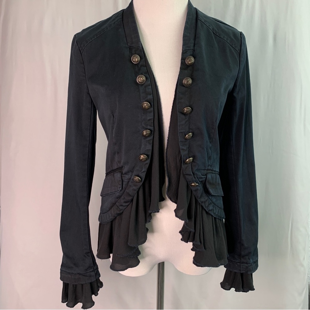 Free People Small Black Jean Jacket Pre-Loved Ruffles Romance